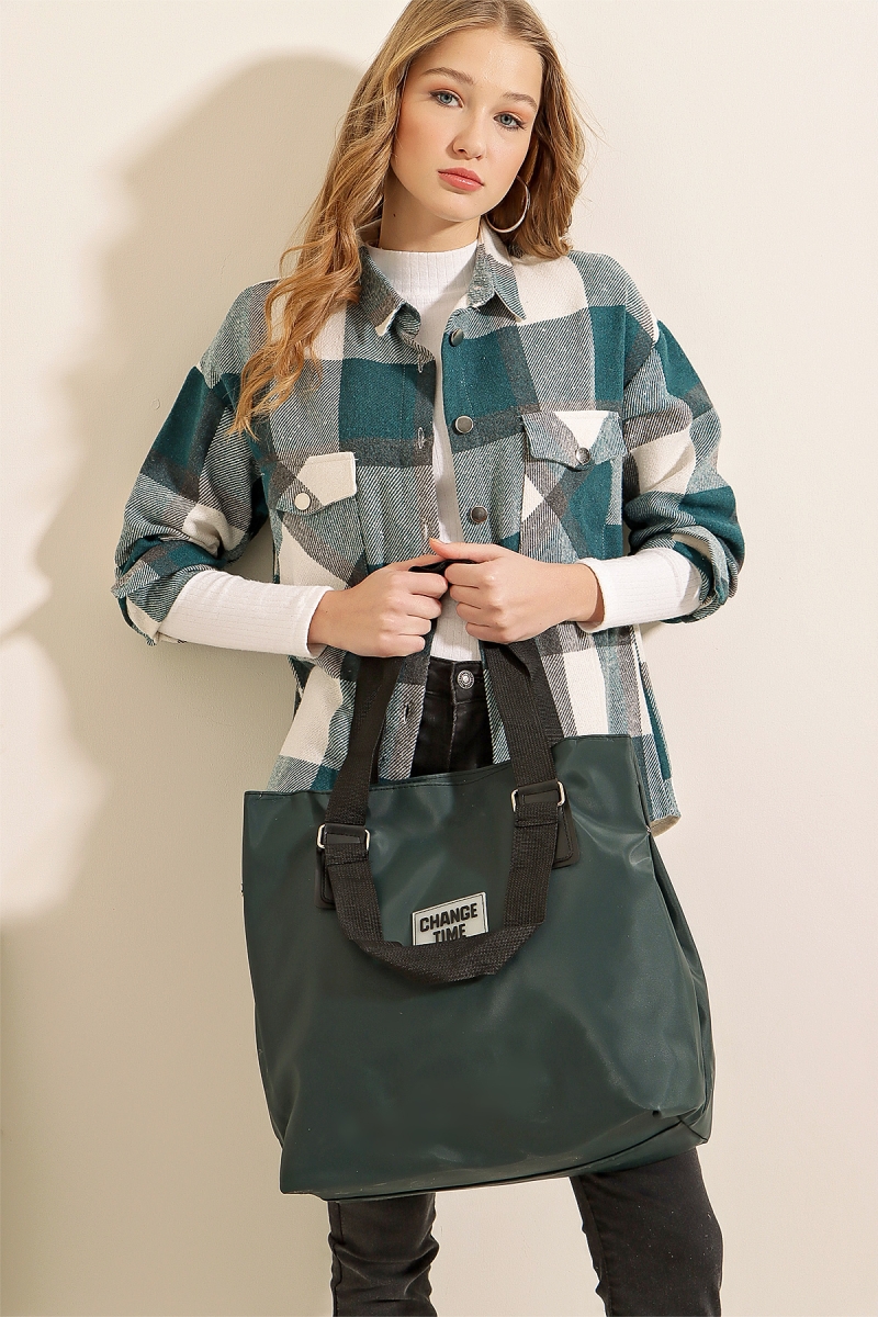 010138 Çıtçıt Detaylı Büyük Çanta - Koyu Haki - BİGDART