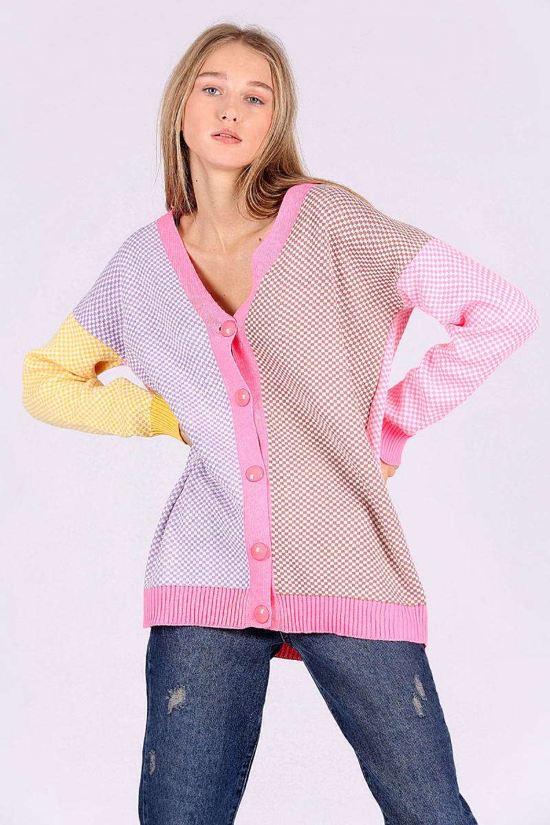 01016 Çok Renkli Boyfriend Hırka - Pembe - BİGDART