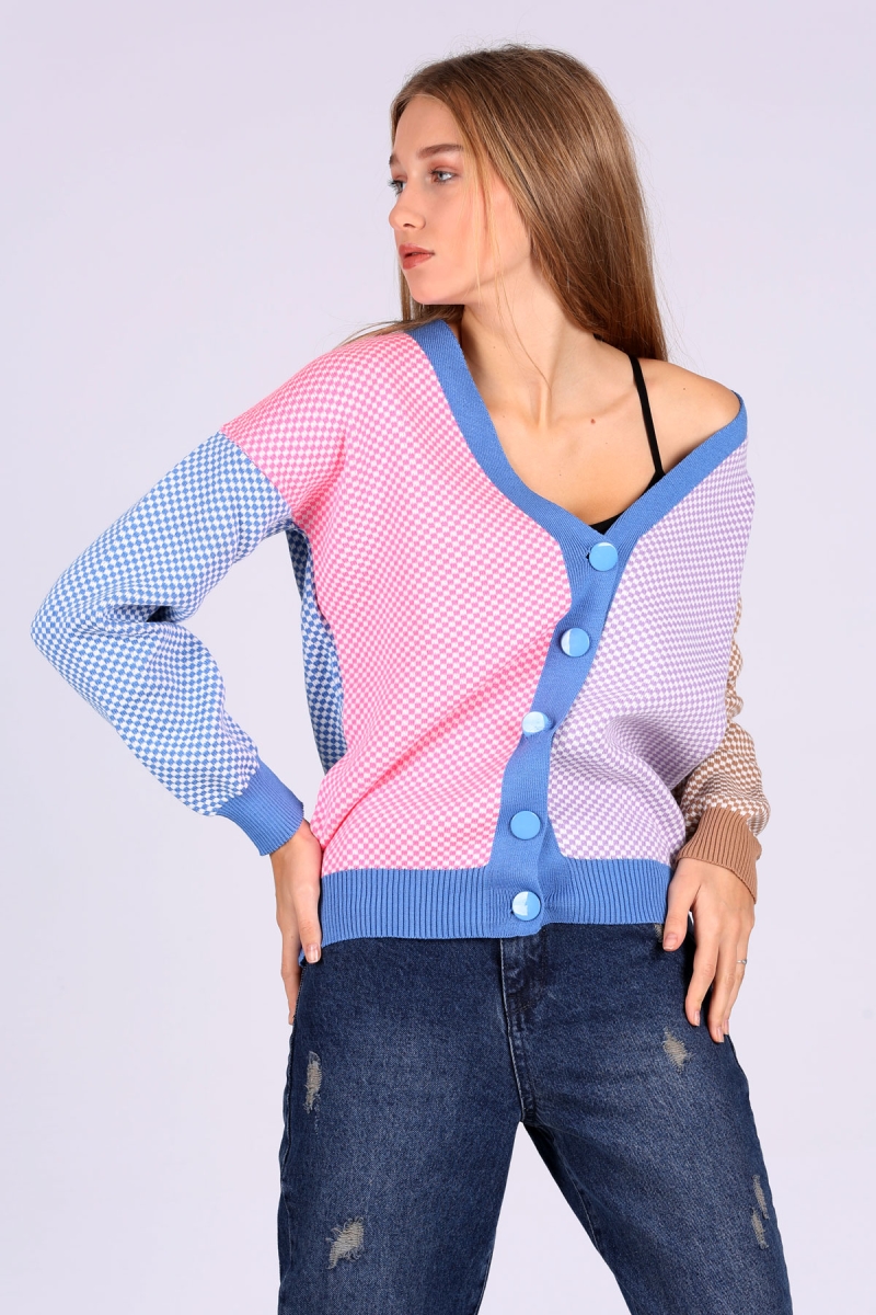 01017 Çok Renkli Triko Hırka - Mavi - BİGDART