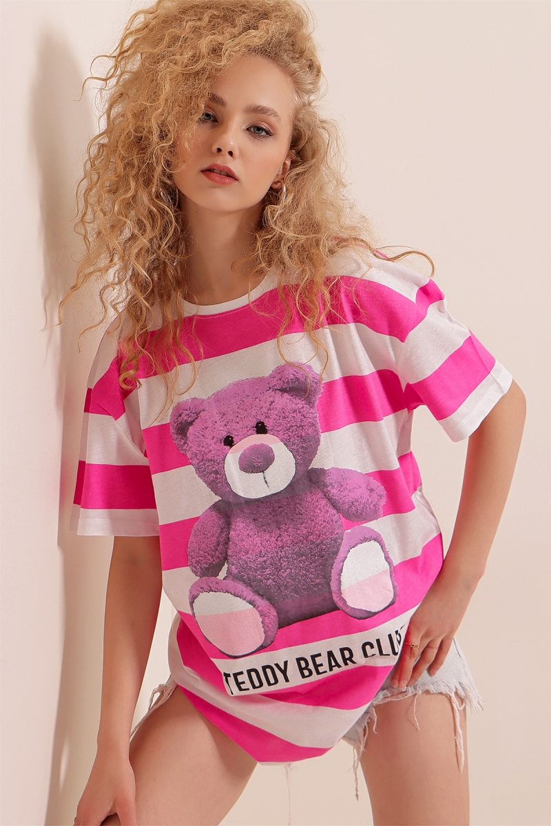 01516 Baskılı Tişört - Fuşya - BİGDART