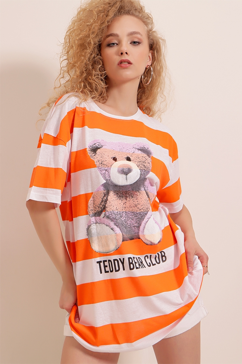 01516 Baskılı Tişört - Turuncu - BİGDART