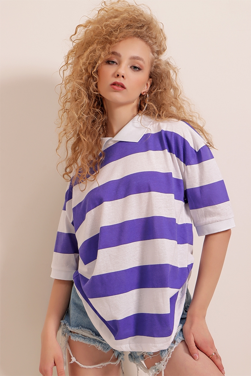 01519 Polo Yaka Çizgili Tişört - Mor - BİGDART