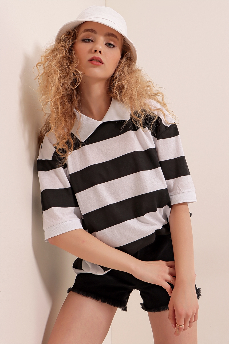 01519 Polo Yaka Çizgili Tişört - Siyah - BİGDART