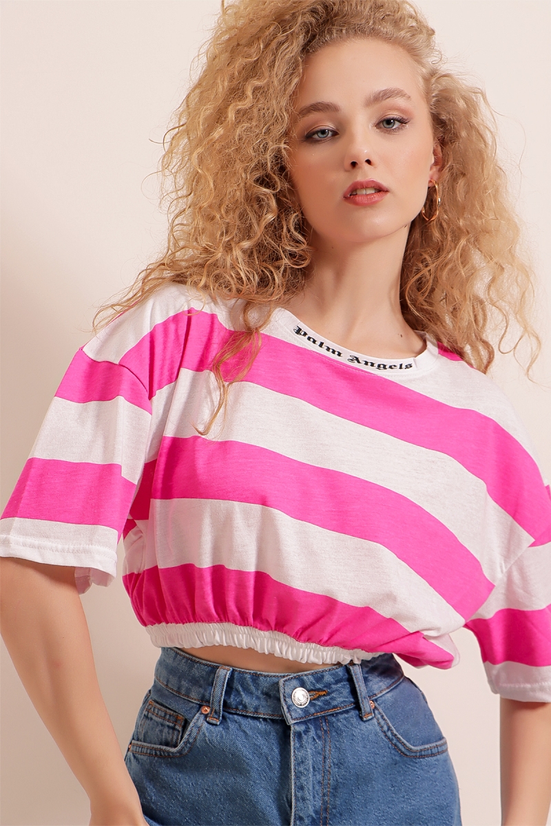 01520 Çizgili Crop Tişört - Fuşya - BİGDART