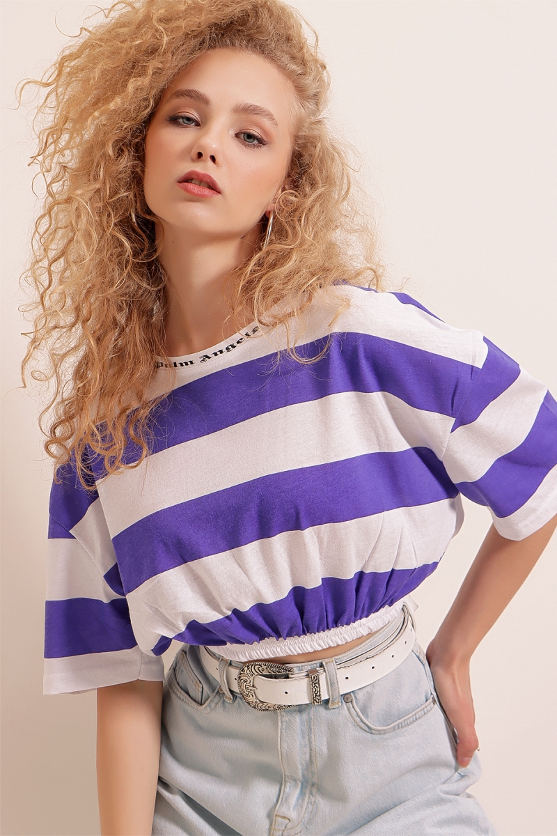 01520 Çizgili Crop Tişört - Mor - BİGDART