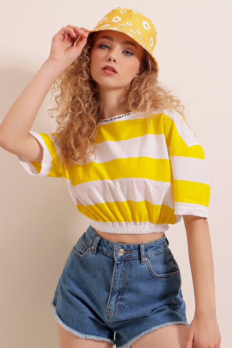 01520 Çizgili Crop Tişört - Sarı - BİGDART