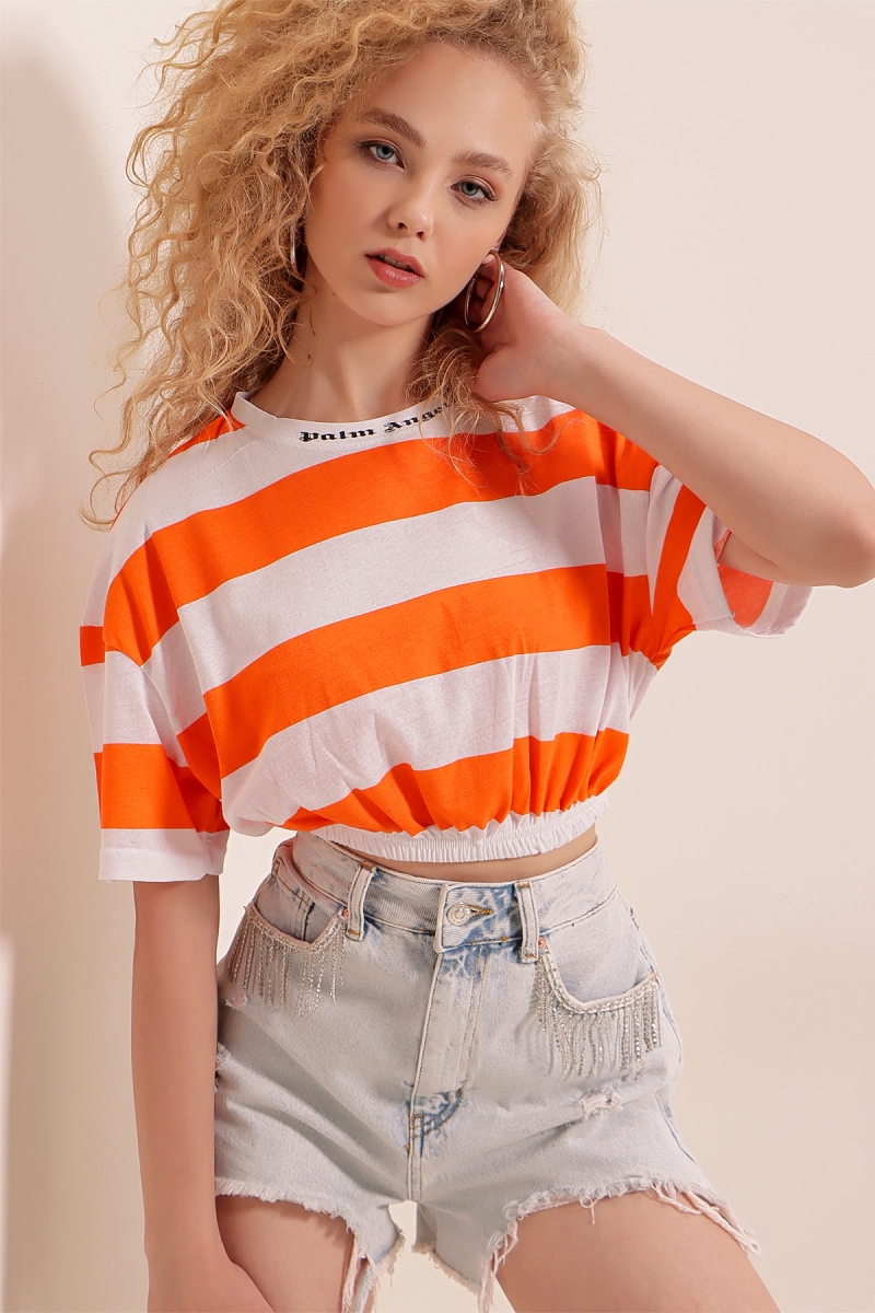 01520 Çizgili Crop Tişört - Turuncu - BİGDART