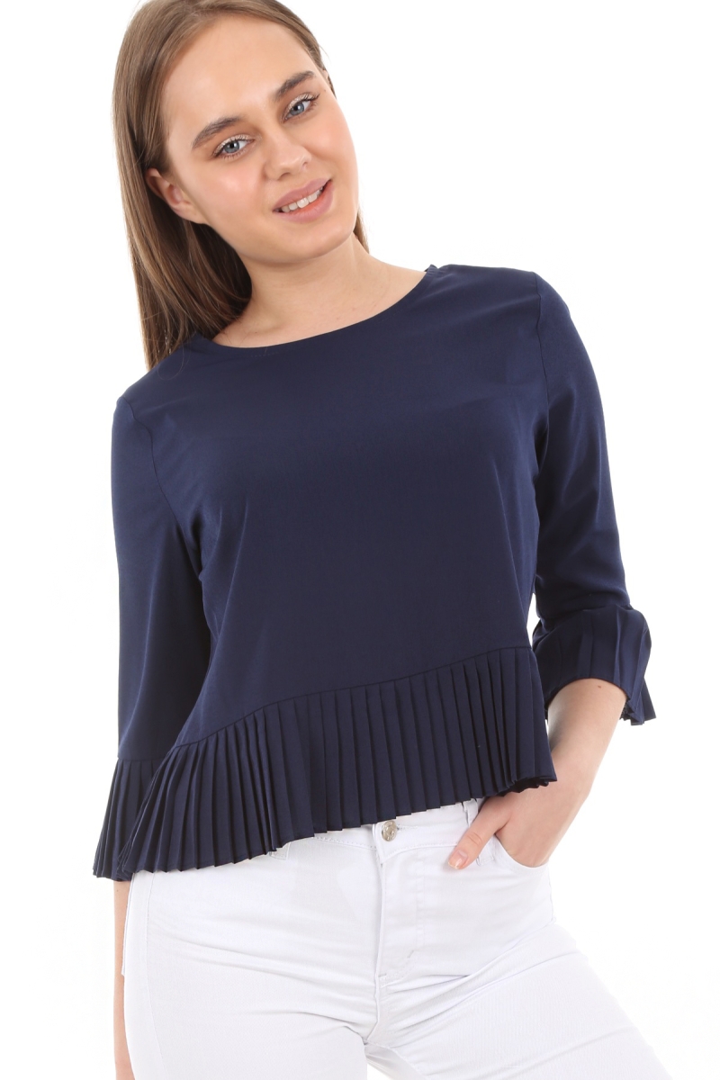 0297 KOL VE ETEK UCU PİLİSELİ BLUZ - Lacivert - BİGDART