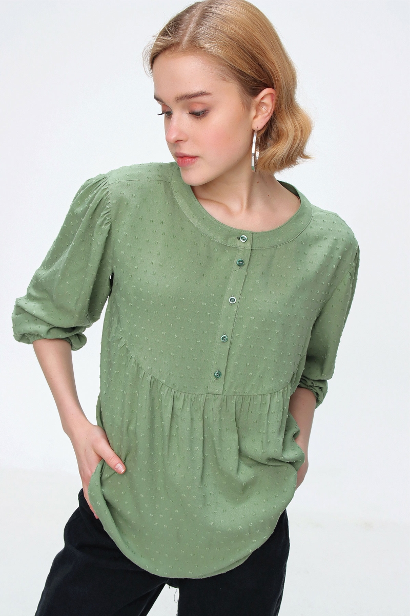 0398 Hakim Yaka Büzgülü Bluz - Haki - BİGDART