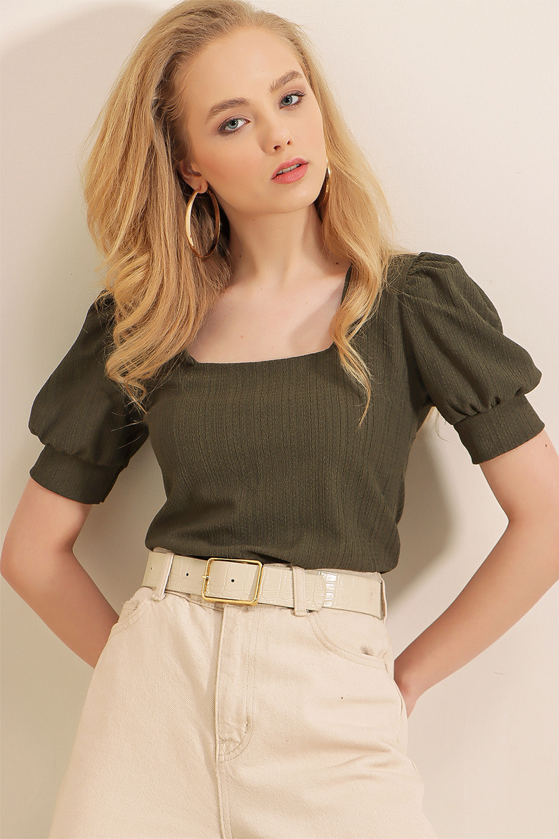 0409 Kare Yaka Örme Bluz - Haki - BİGDART