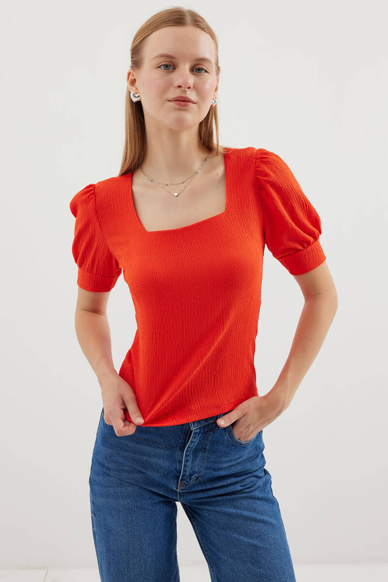 0409 Kare Yaka Örme Bluz - Oranje - BİGDART