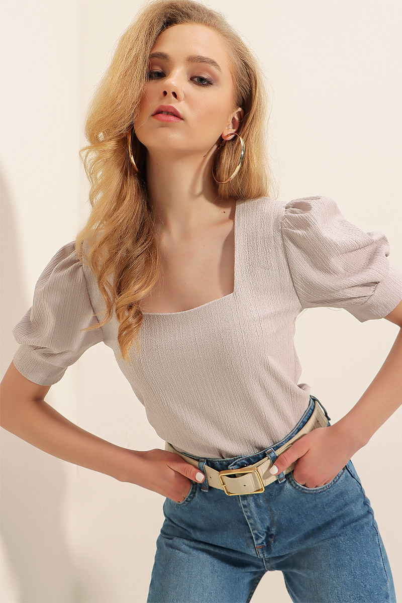 0409 Kare Yaka Örme Bluz - Taş - BİGDART