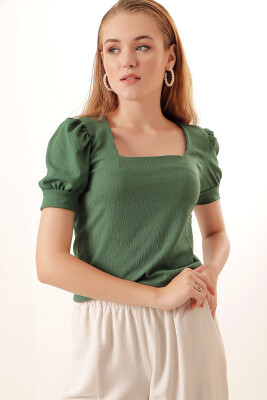 0409 Kare Yaka Örme Bluz - Zümrüt Yeşili - 4