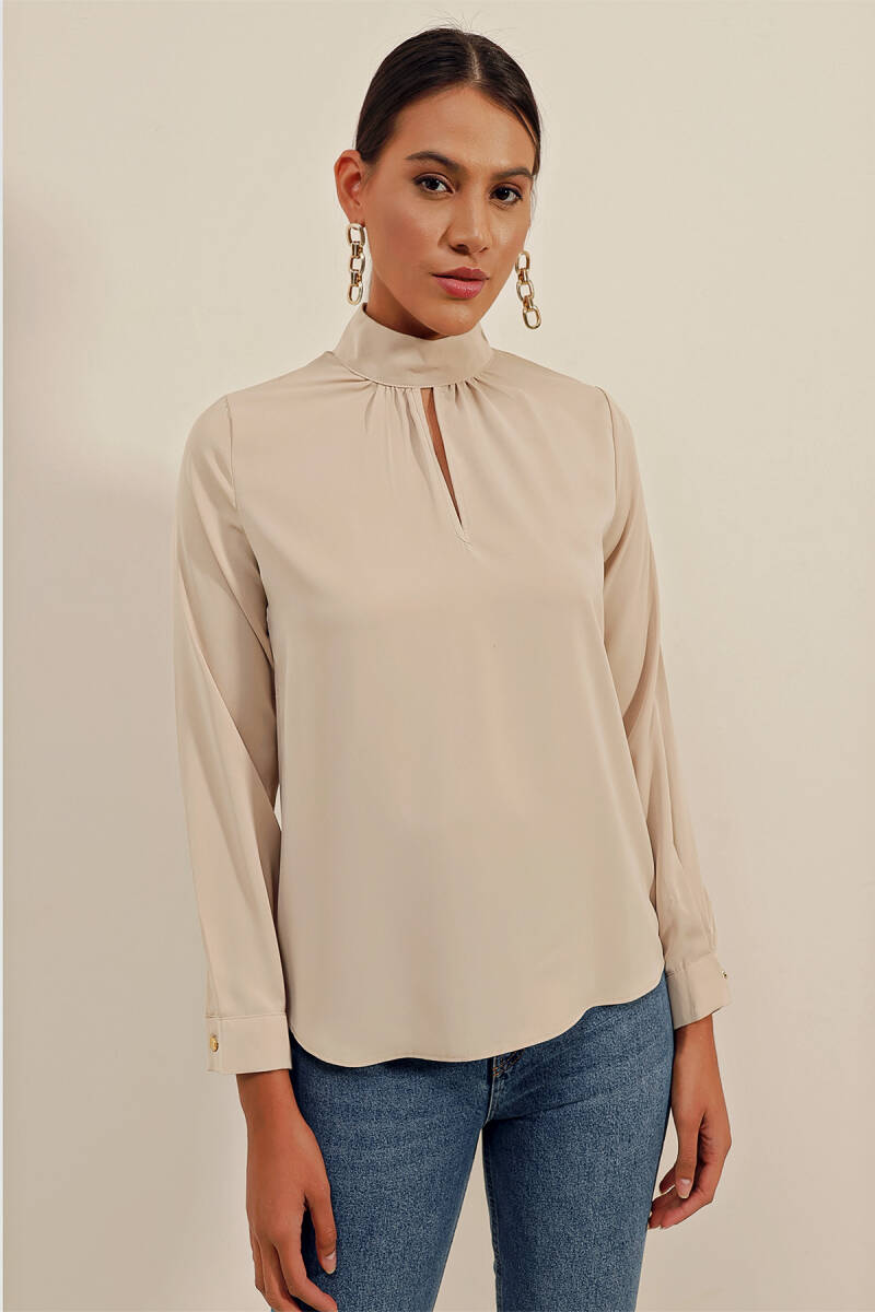 0418 Pencere Detaylı Bluz - Bej - BİGDART