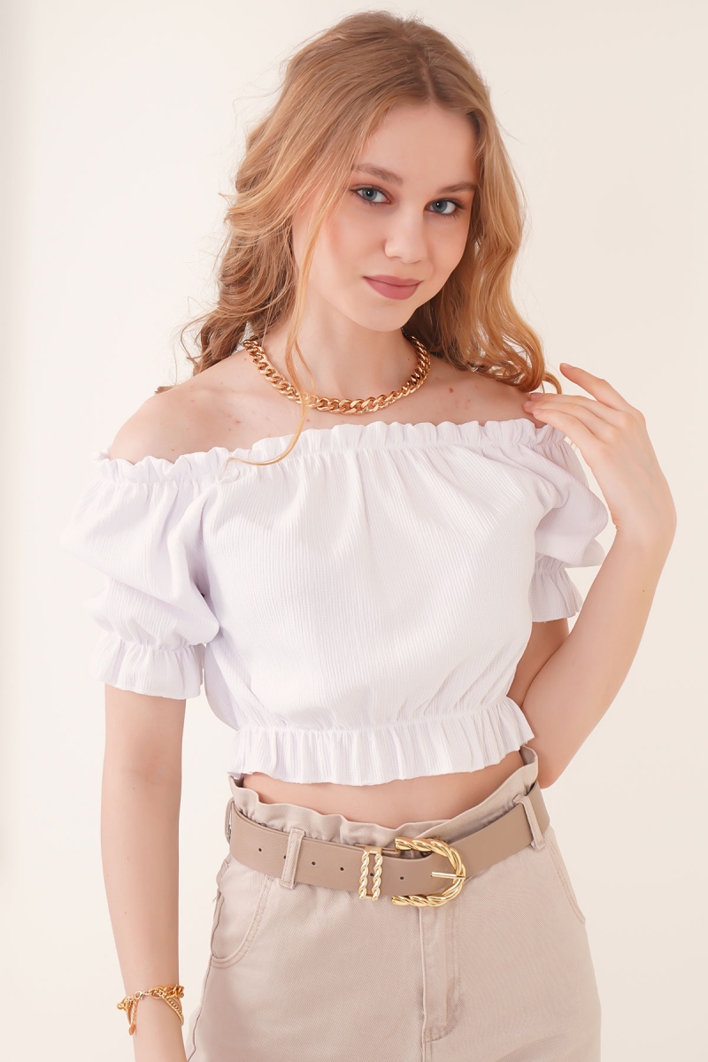 0428 Crop Örme Bluz - Beyaz - BİGDART