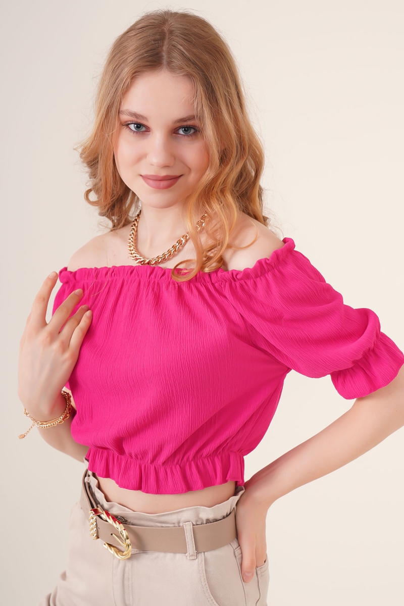 0428 Crop Örme Bluz - Fuşya - BİGDART