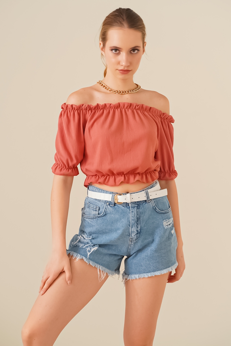 0428 Crop Örme Bluz - Gül Kurusu - BİGDART