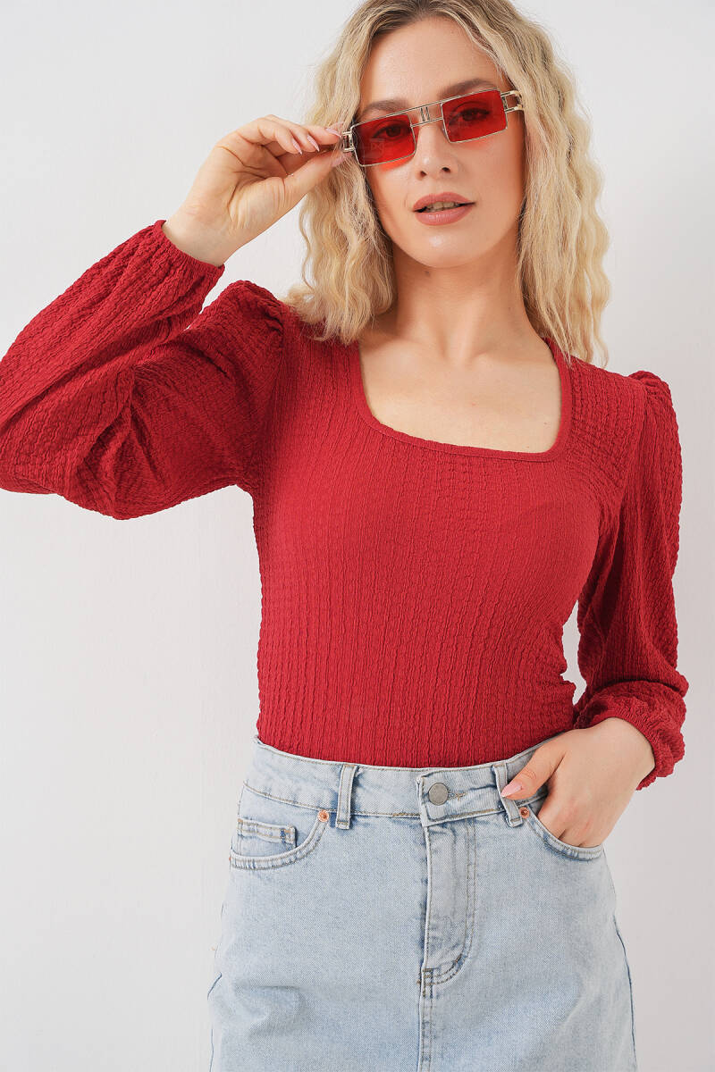 0442 Uzun Kollu Bluz - Kırmızı - BİGDART