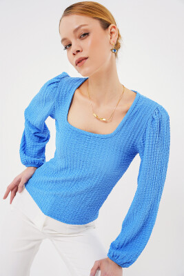 0442 Uzun Kollu Bluz - Saks 