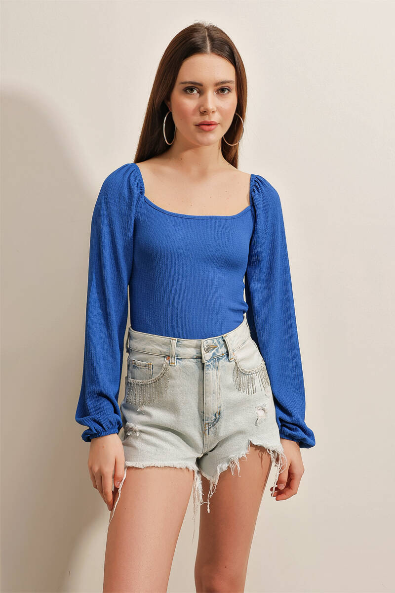 0465 Balon Kollu Örme Bluz - Saks - BİGDART