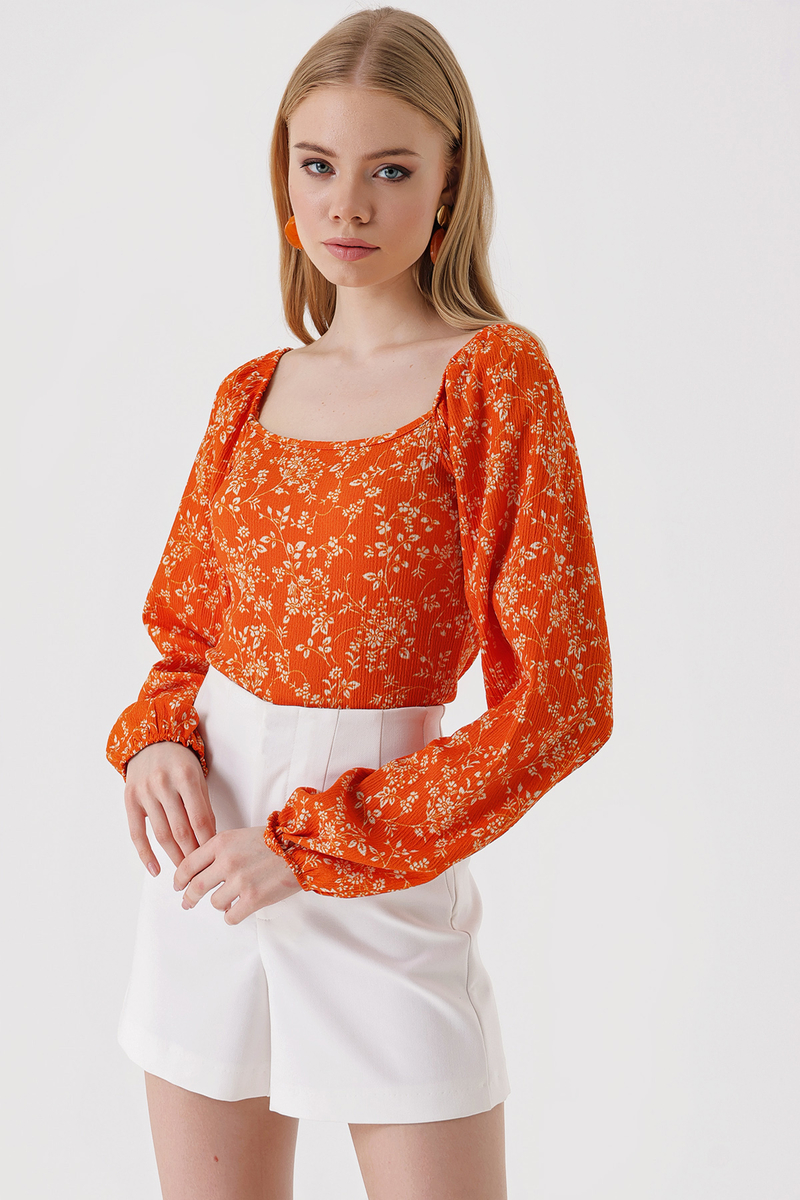 0465 Balon Kollu Örme Bluz - Y.Turuncu - BİGDART