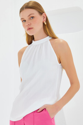 0489 Halter Yaka Örme Bluz - Beyaz 