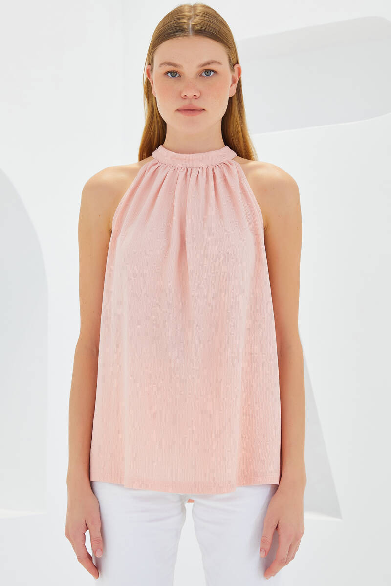 0489 Halter Yaka Örme Bluz - Pudra (1)