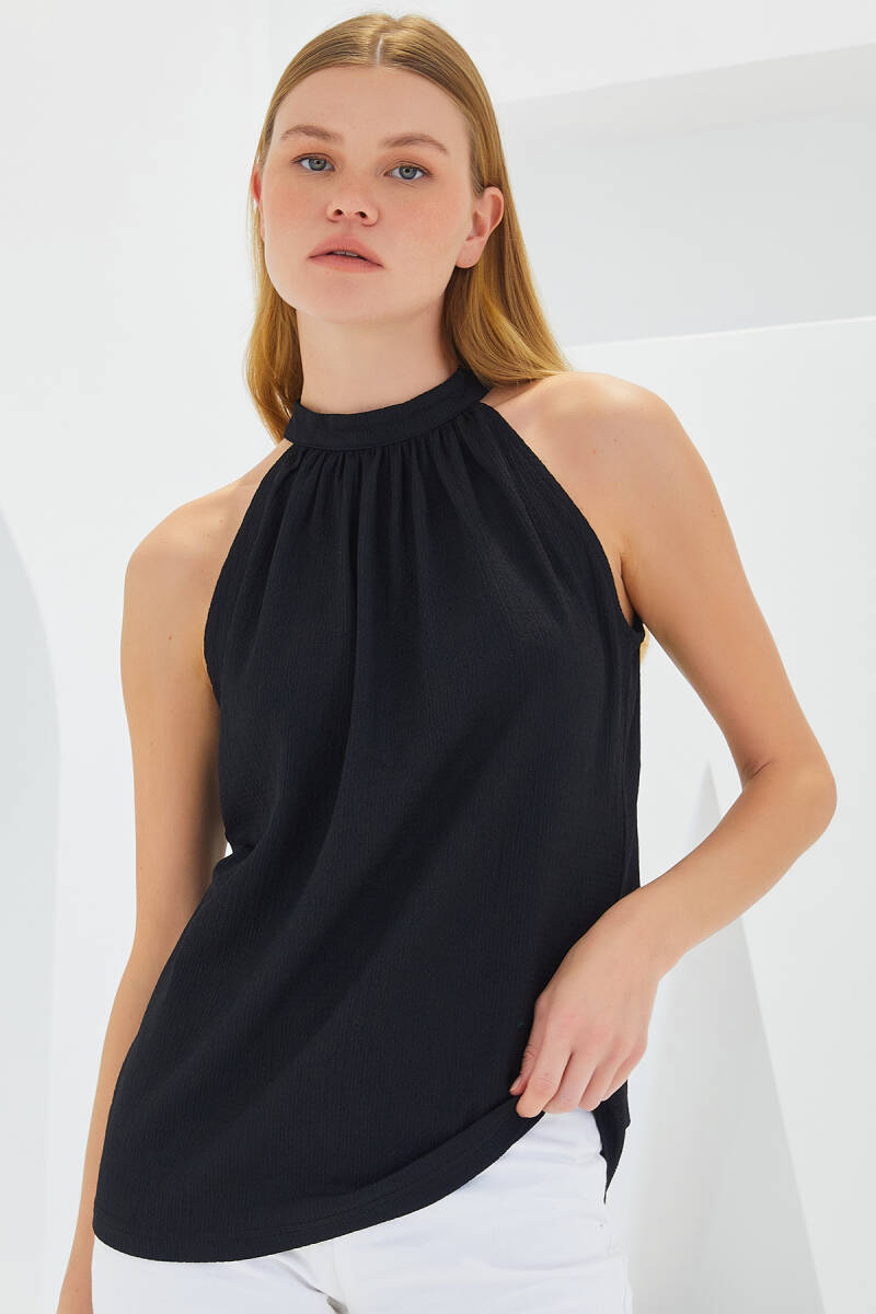 0489 Halter Yaka Örme Bluz - Siyah - BİGDART