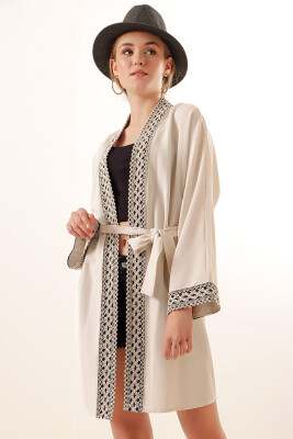 05867 Nakışlı Keten Kimono - Krem 