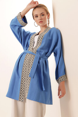 05867 Nakışlı Keten Kimono - Saks 