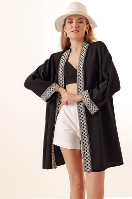 05867 Nakışlı Keten Kimono - Siyah 