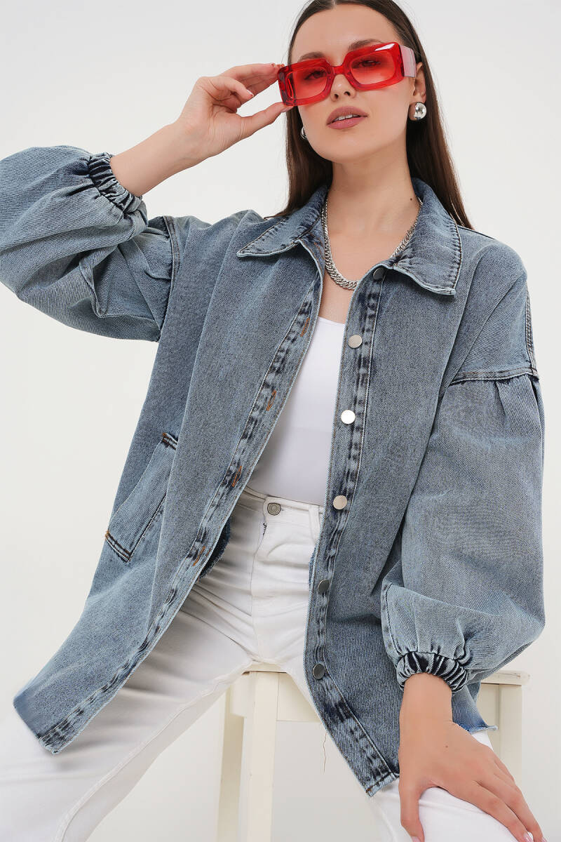 0662 Denim Balon Kollu Kot Ceket - Mavi - BİGDART