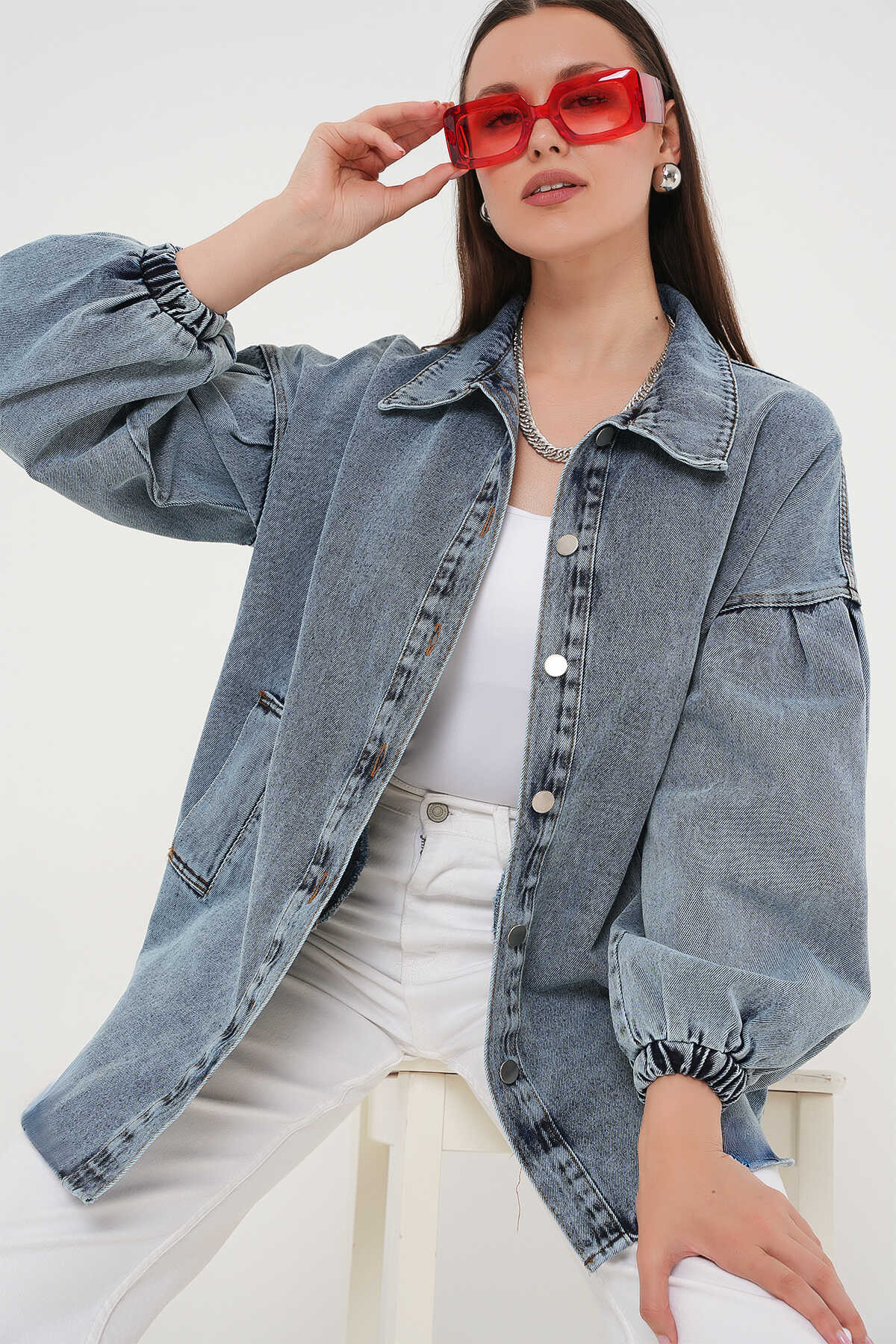 0662 Denim Balon Kollu Kot Ceket - Mavi - 1