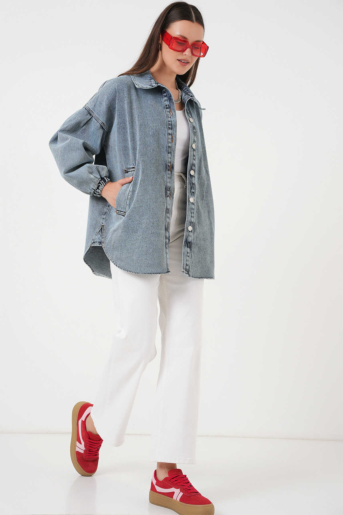 0662 Denim Balon Kollu Kot Ceket - Mavi - 2