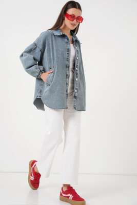 0662 Denim Balon Kollu Kot Ceket - Mavi - 2
