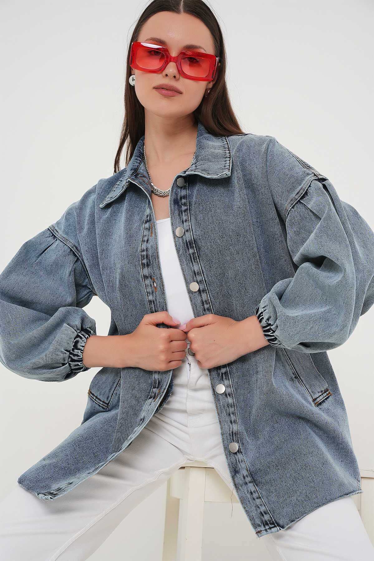 0662 Denim Balon Kollu Kot Ceket - Mavi - 3