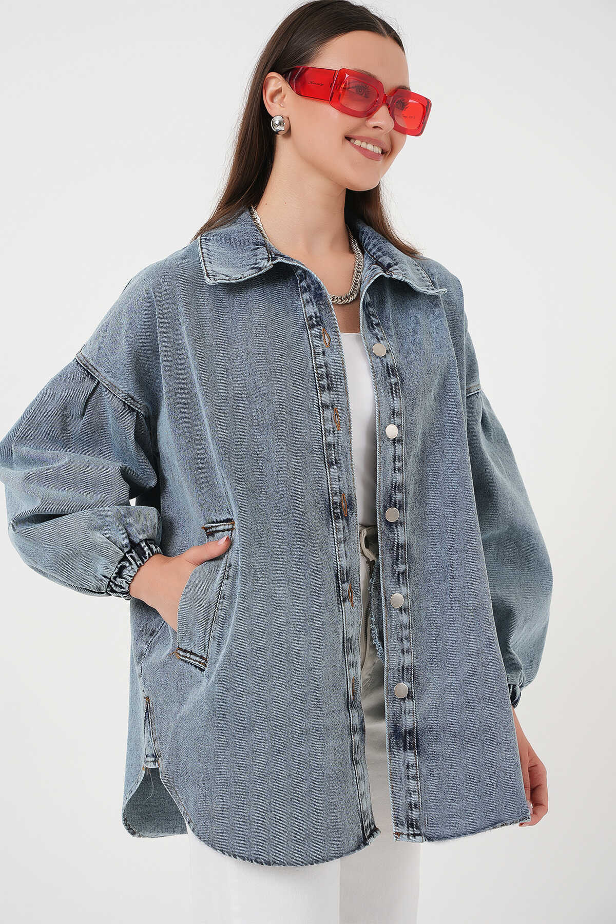 0662 Denim Balon Kollu Kot Ceket - Mavi - 4