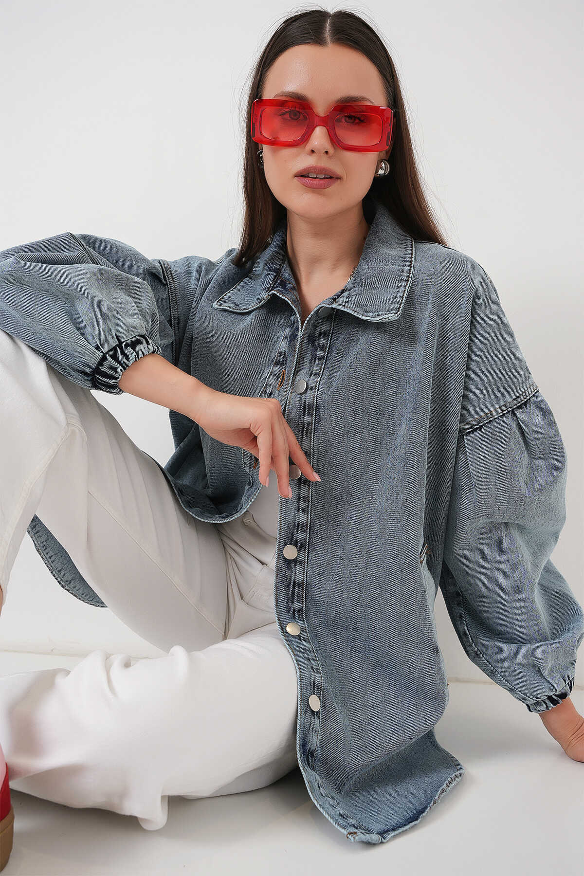 0662 Denim Balon Kollu Kot Ceket - Mavi - 5