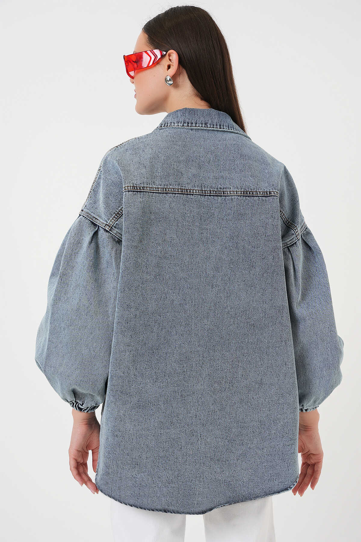 0662 Denim Balon Kollu Kot Ceket - Mavi - 7