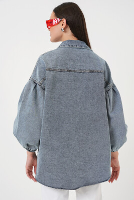 0662 Denim Balon Kollu Kot Ceket - Mavi - 7
