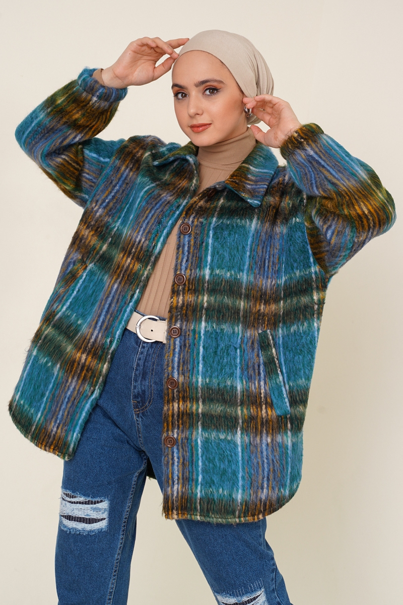 0678 Oversize Yünlü Ceket - Mavi - BİGDART