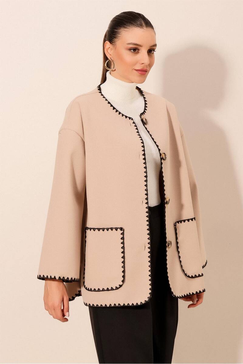 0690 Boyfriend Nakışlı Kaşe Ceket - Bej - BİGDART