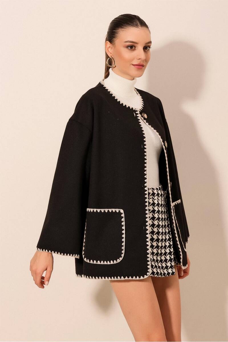 0690 Boyfriend Nakışlı Kaşe Ceket - Siyah - BİGDART