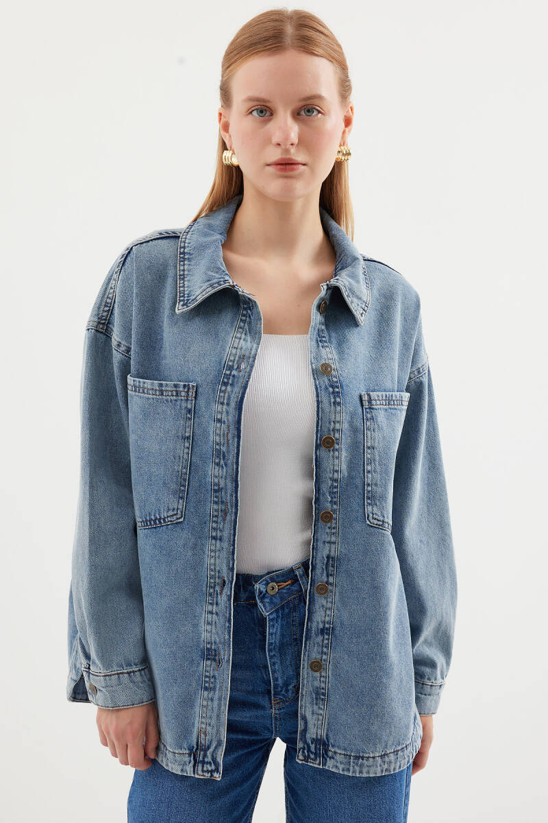 0694 Çift Cepli Oversize Denim Ceket - Buz Mavi - BİGDART