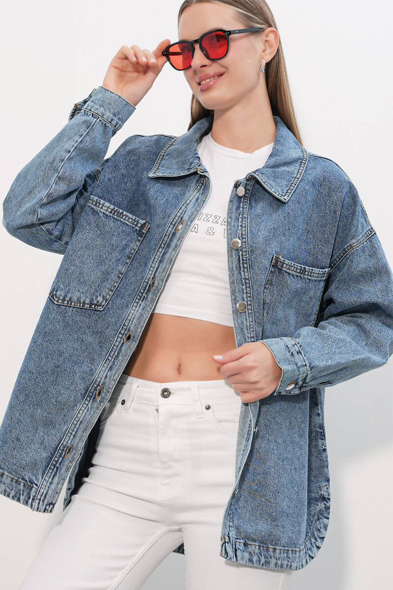 0694 Çift Cepli Oversize Denim Ceket - Buz Mavi - BİGDART