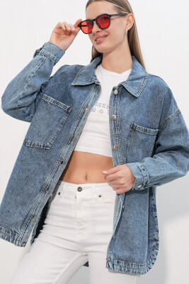 0694 Çift Cepli Oversize Denim Ceket - Buz Mavi - BİGDART