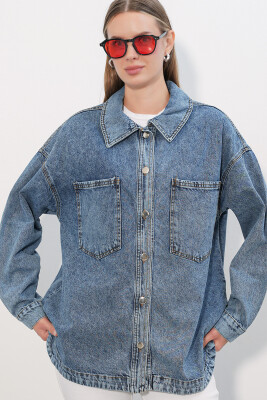 0694 Çift Cepli Oversize Denim Ceket - Buz Mavi - 2