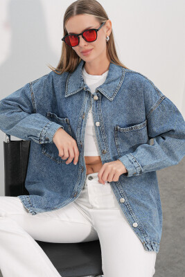 0694 Çift Cepli Oversize Denim Ceket - Buz Mavi - 3
