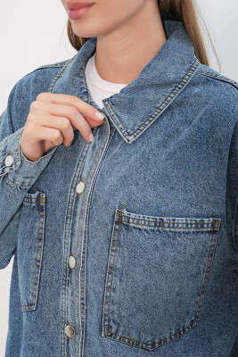 0694 Çift Cepli Oversize Denim Ceket - Buz Mavi - 5