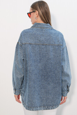 0694 Çift Cepli Oversize Denim Ceket - Buz Mavi - 6